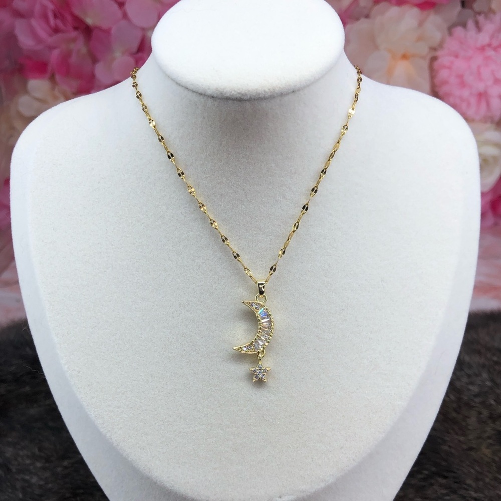 Gold Moon and Star Pendant Necklace